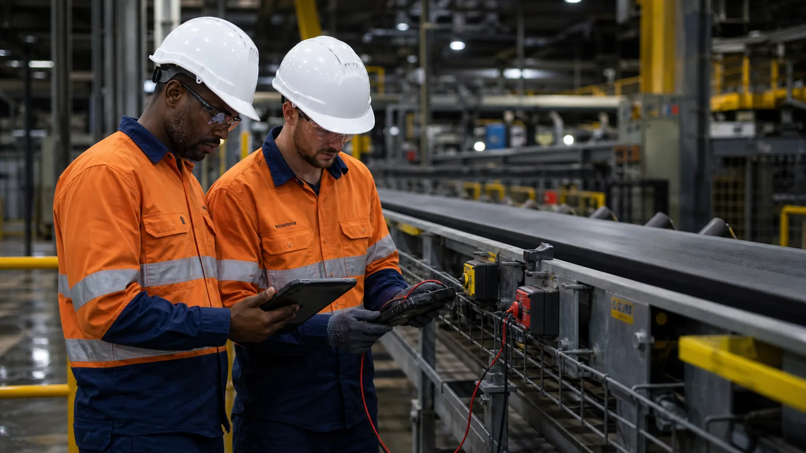 commissioning engineers testing conveyor switches with a tablet