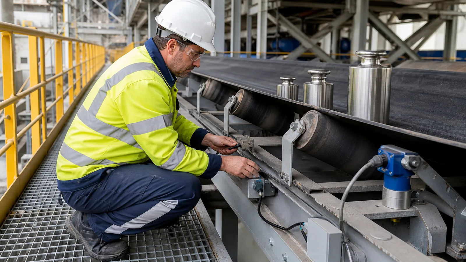 engineer performing belt scale calibration with test weights on a conveyor