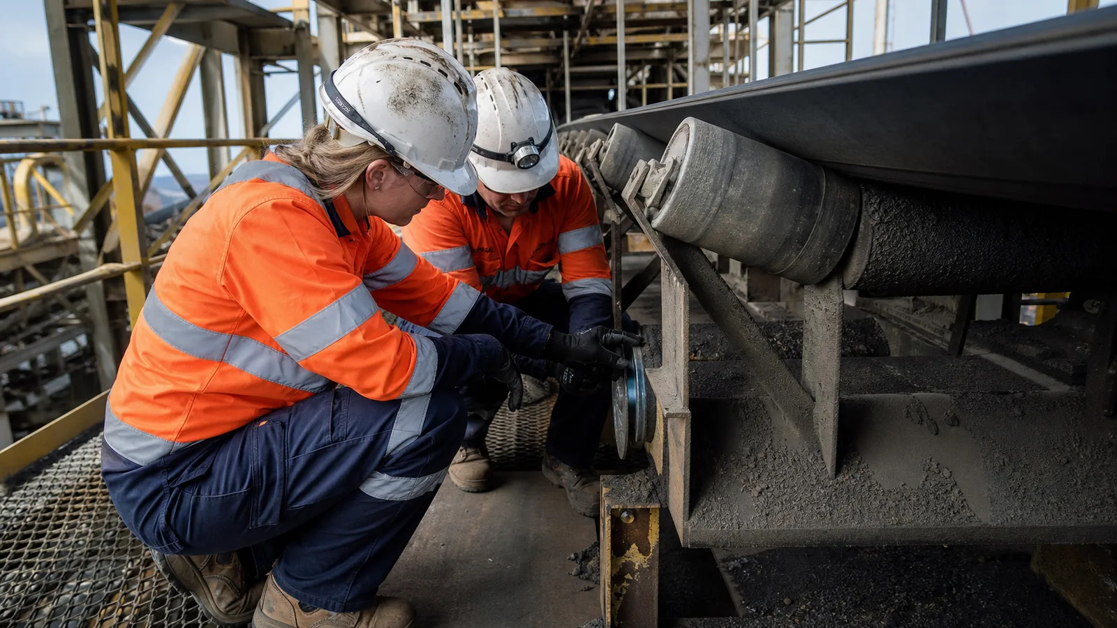 maintenance team inspecting idlers and belt condition on a large conveyor