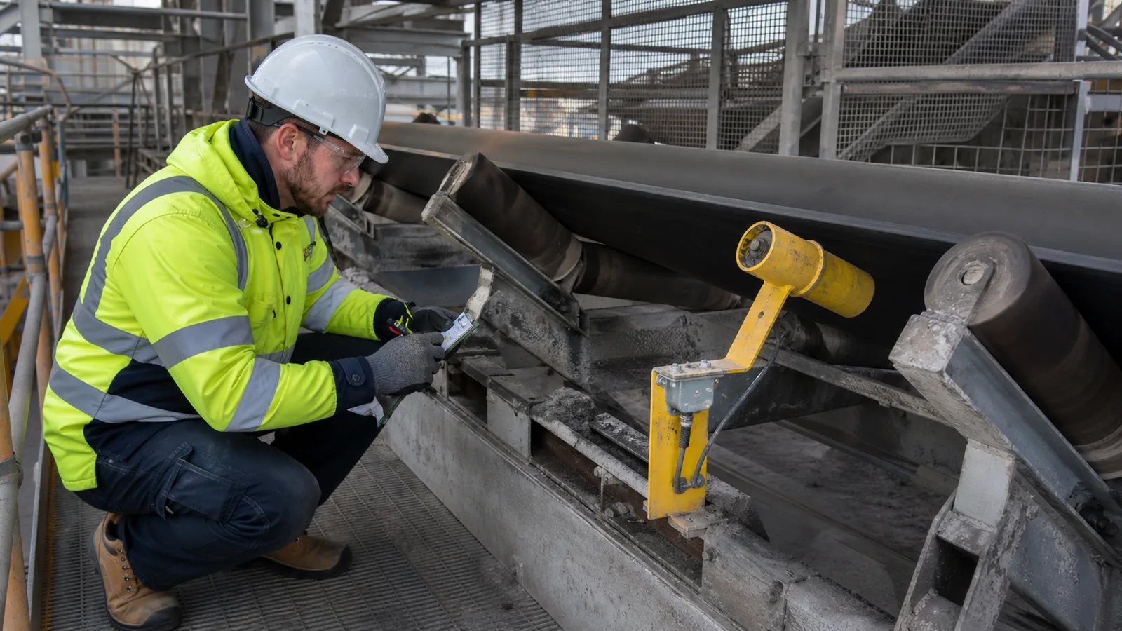maintenance engineer inspecting conveyor belt tracking beside alignment rollers