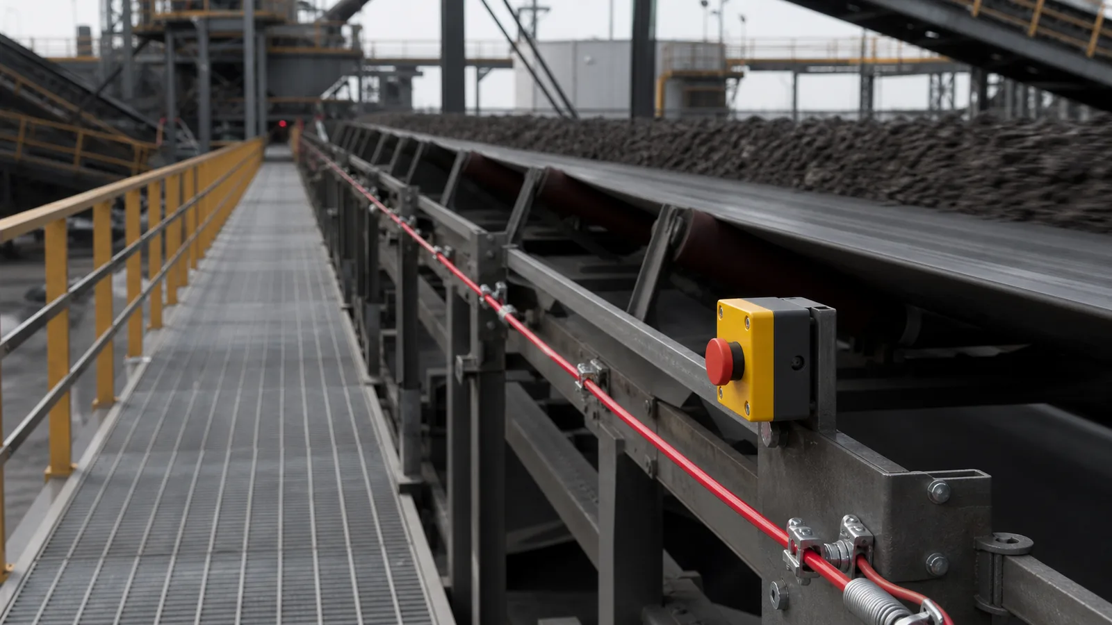 accessible red emergency pull cord running alongside an industrial conveyor walkway