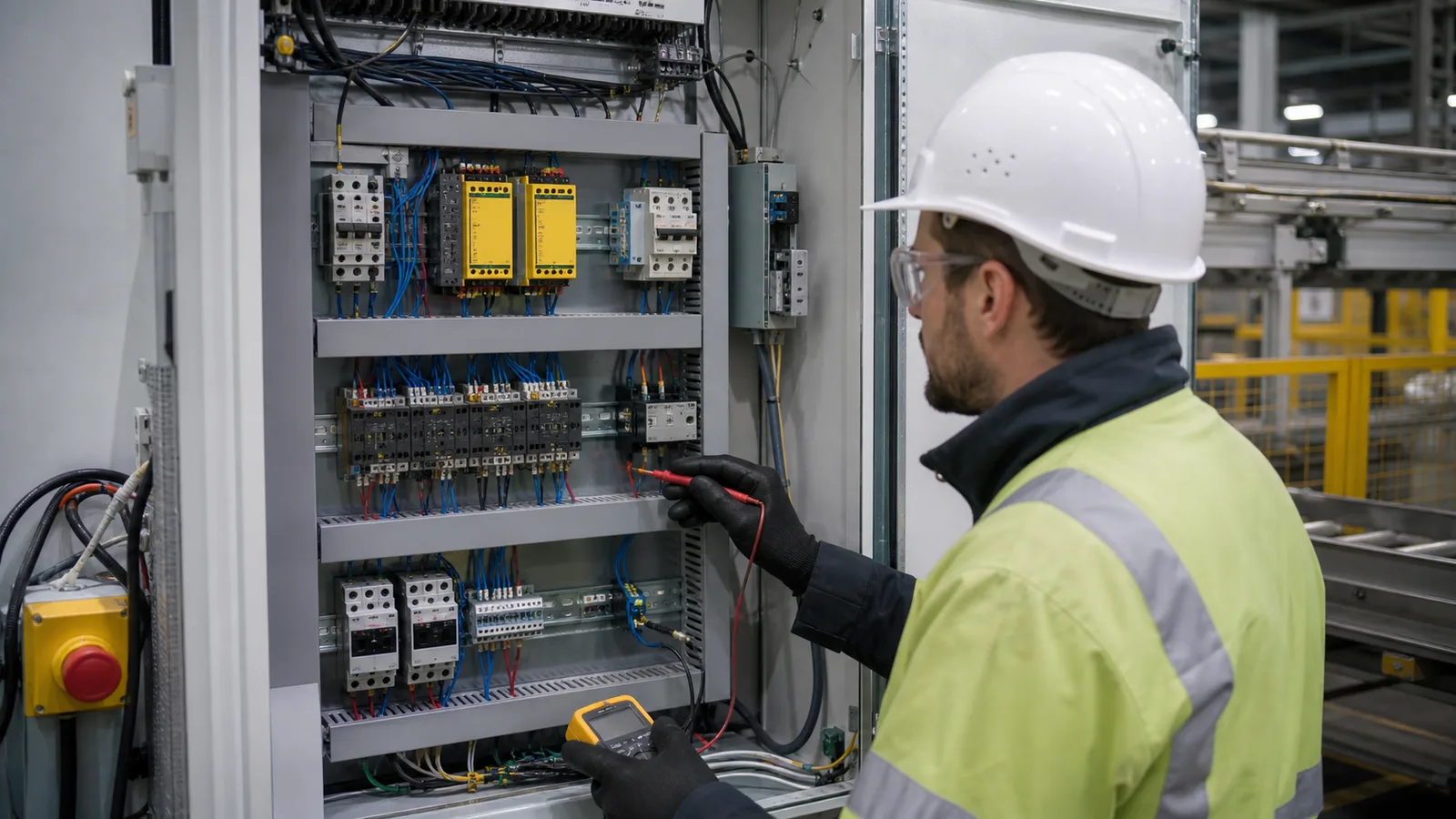 industrial conveyor safety relay panel with dual channel emergency circuit wiring