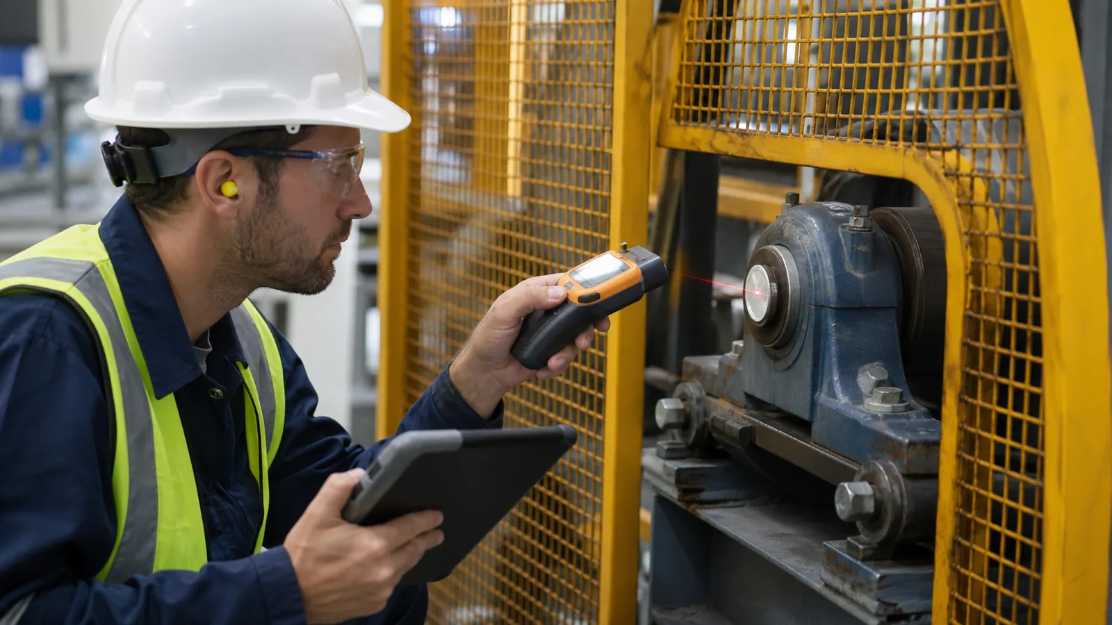 engineer calibrating a conveyor speed switch with a handheld tachometer