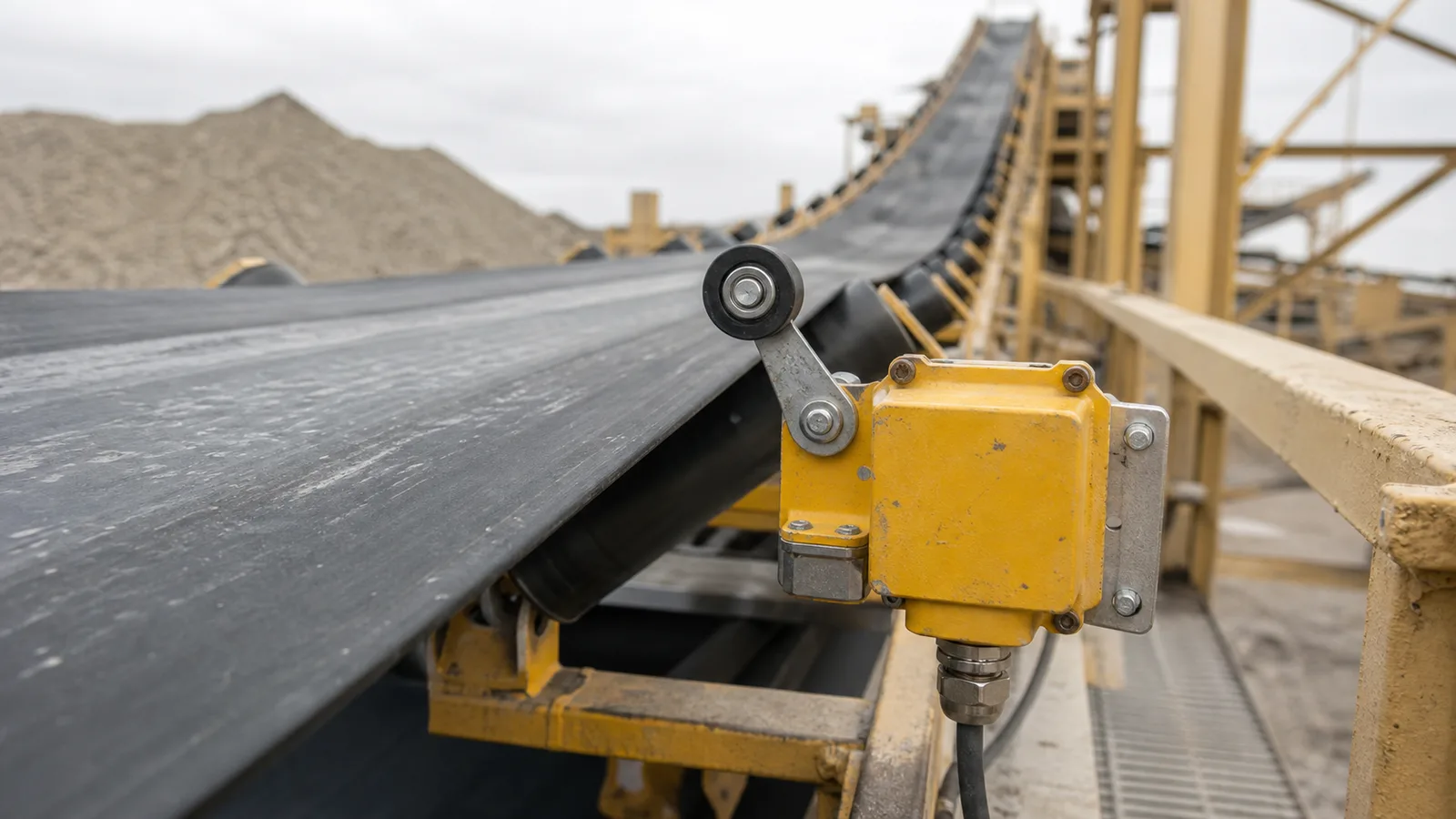 close-up of a conveyor belt misalignment switch roller beside a running belt