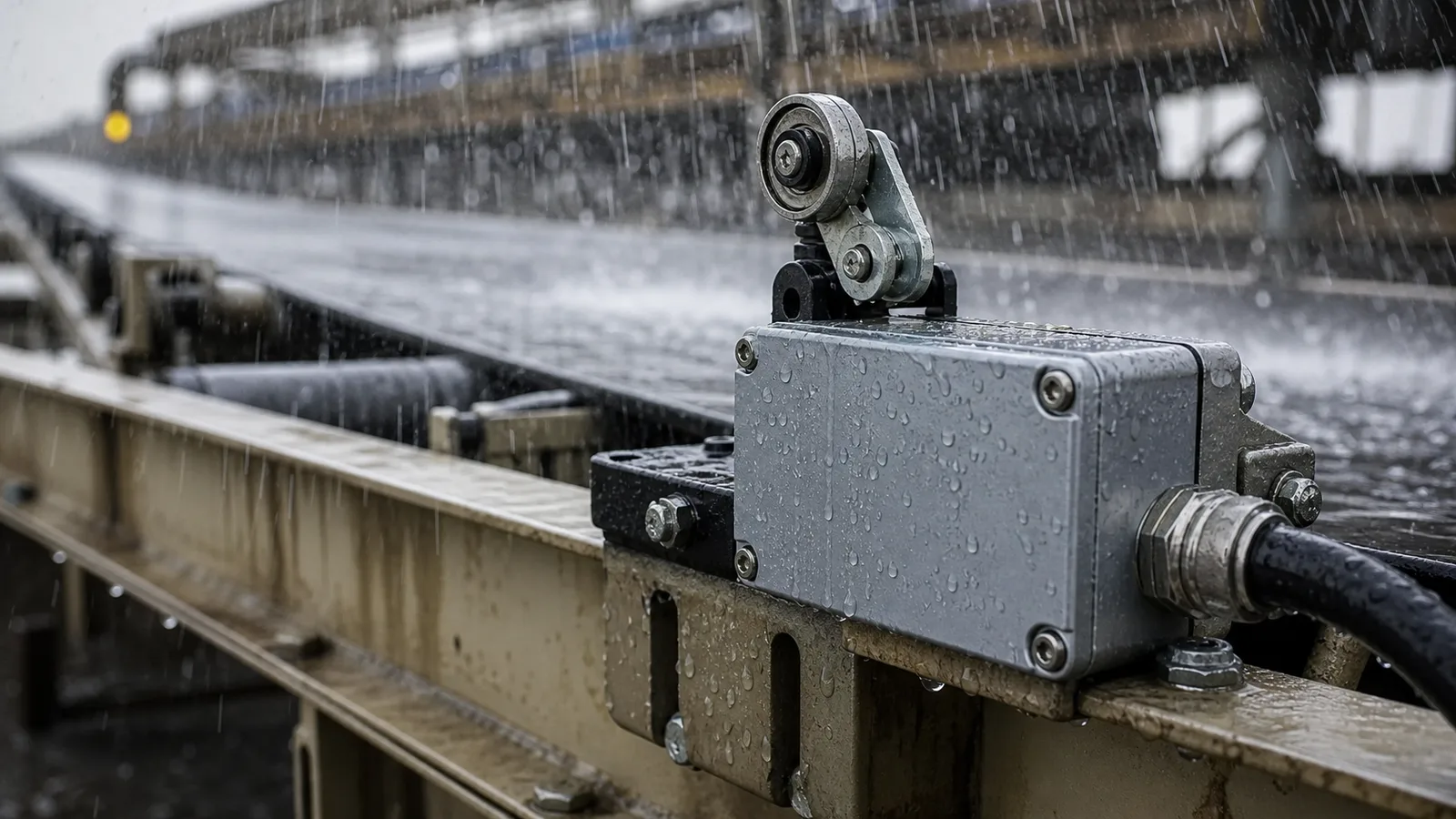 water resistant IP-rated industrial switch on an outdoor conveyor in rain