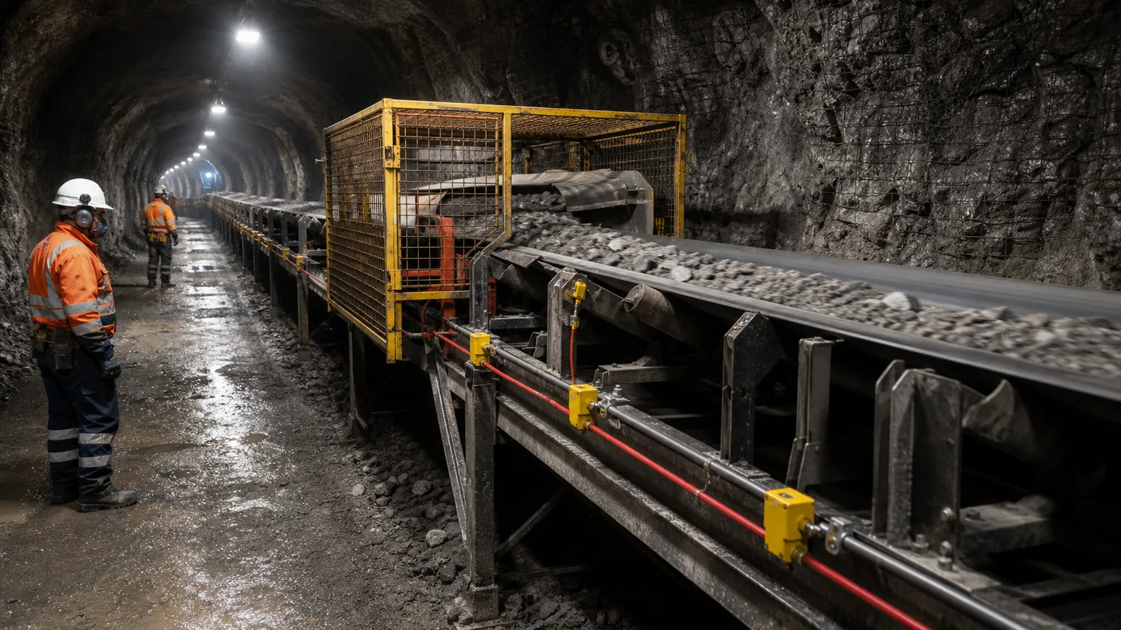 underground mining conveyor with distributed pull cord switches