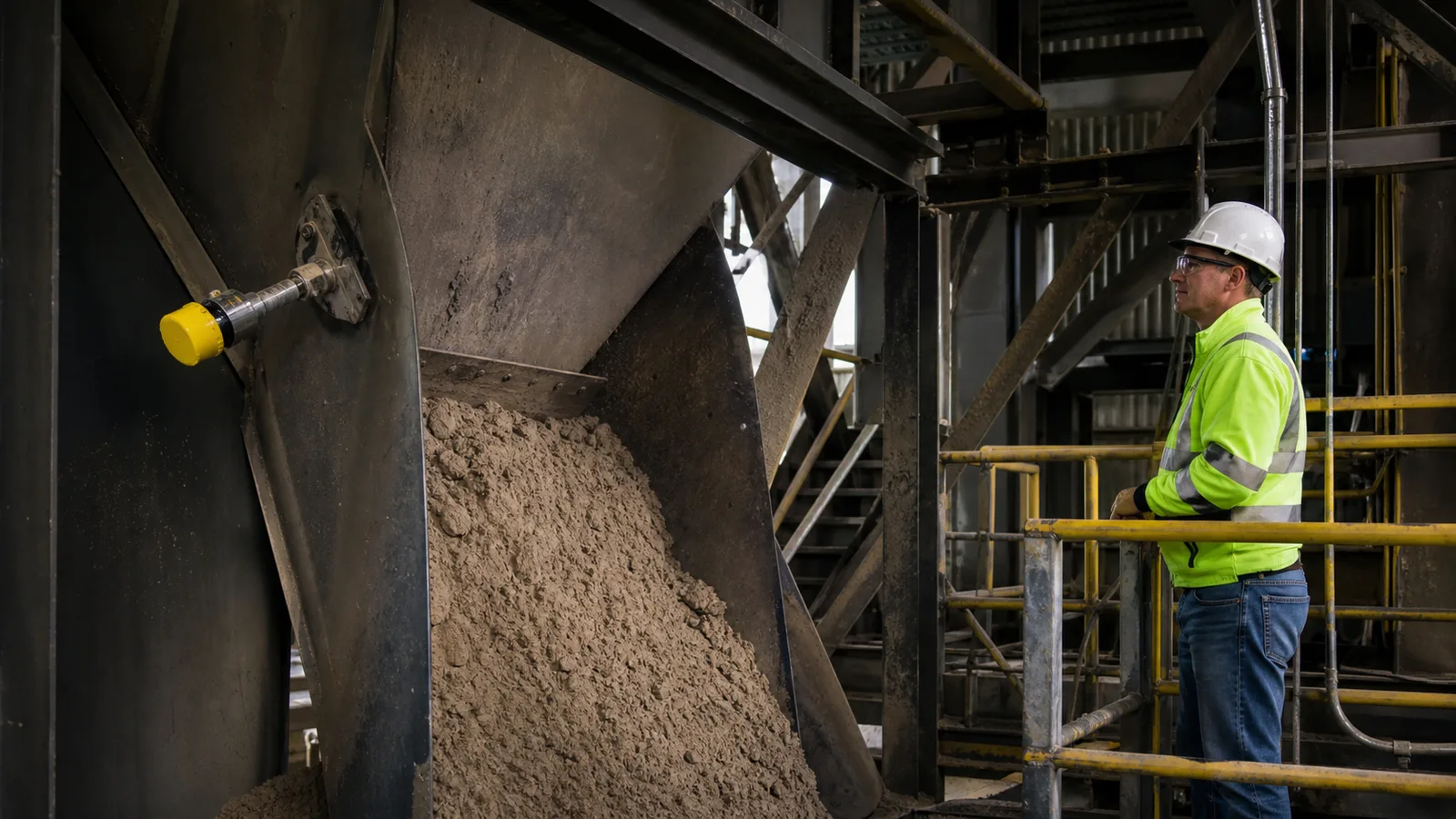 industrial transfer chute with realistic plugged chute level switch and bulk material