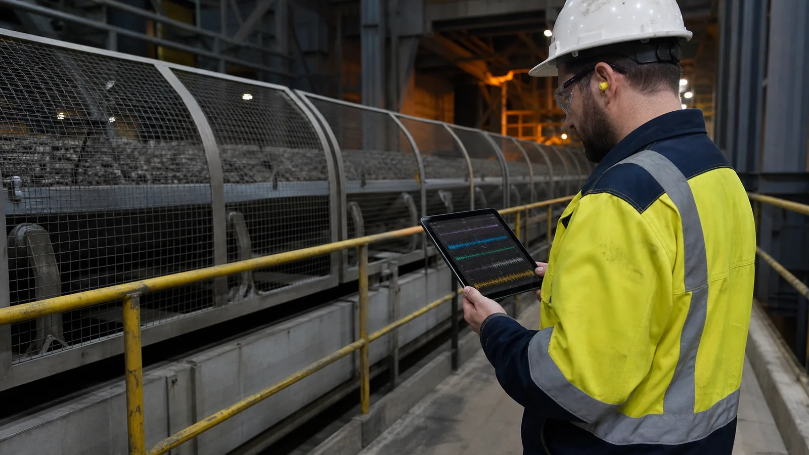engineer reviewing conveyor predictive maintenance trends on tablet