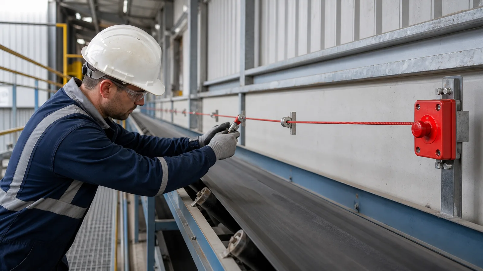 technician tensioning a red conveyor emergency pull cord switch system