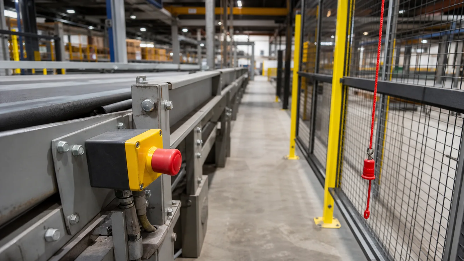 red emergency stop pushbutton and pull cord system beside the same conveyor