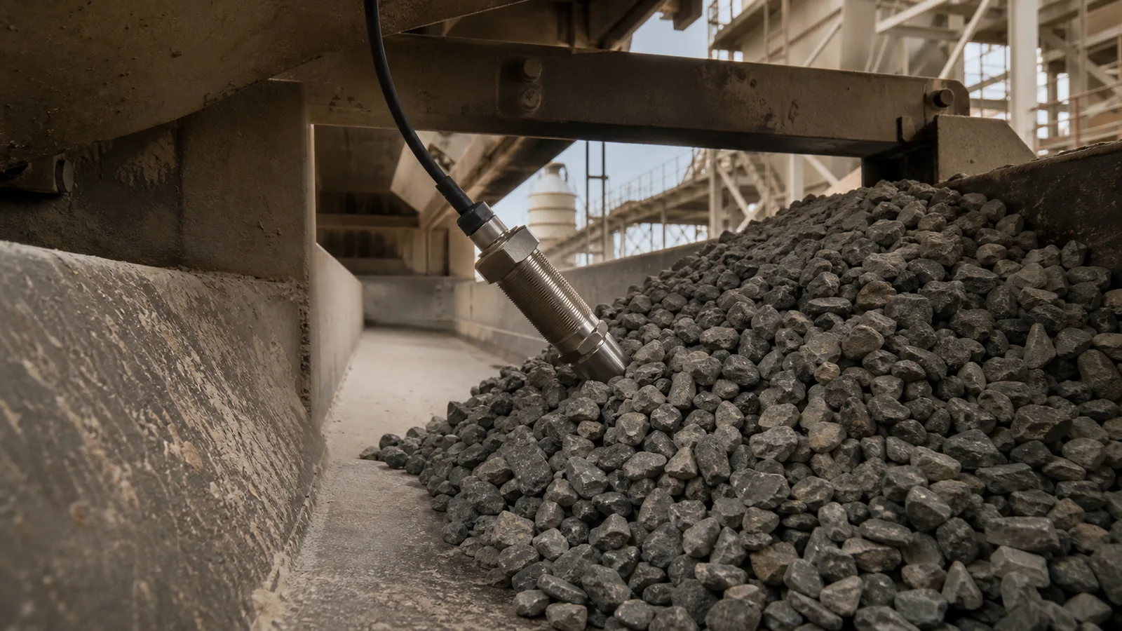 realistic suspended tilt switch probe inside an industrial aggregate chute