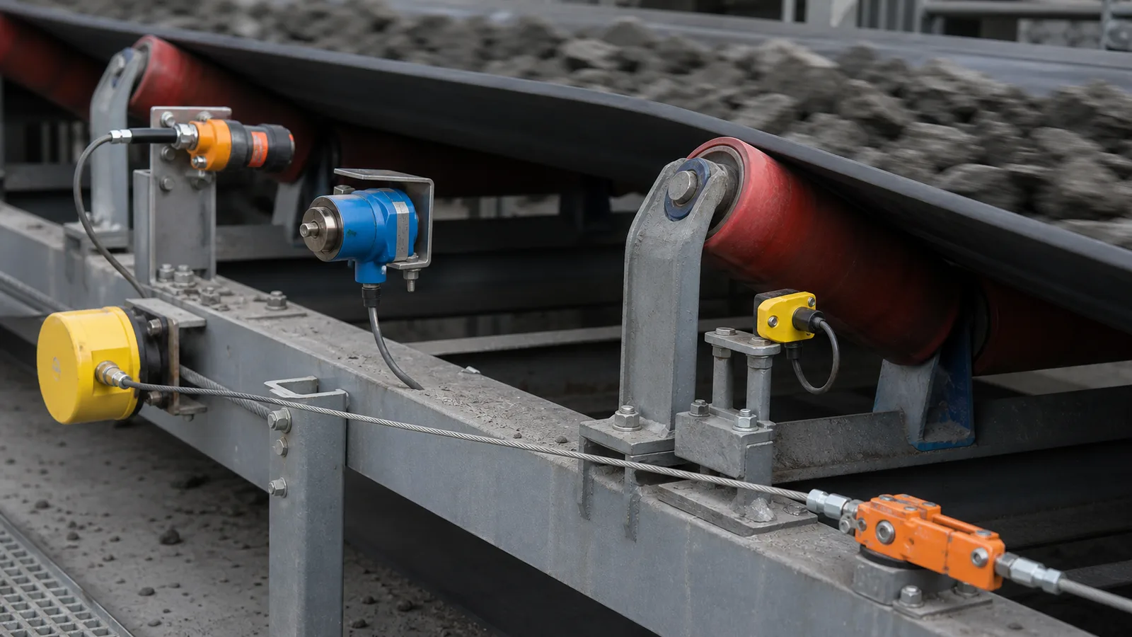 array of different industrial conveyor sensors installed along a bulk handling line